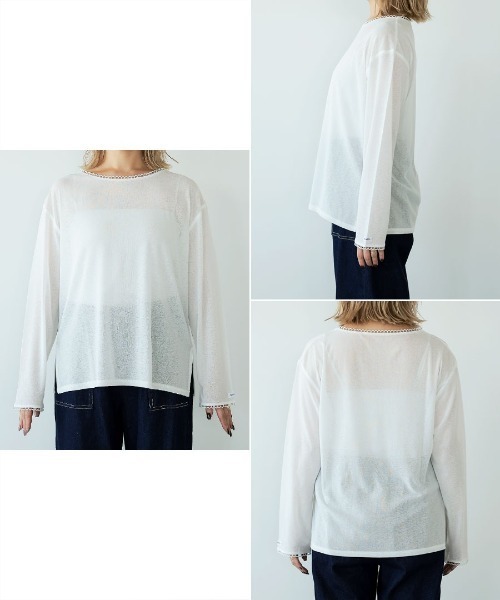 DONOBAN（ドノバン）の「【ピコレースがポイントの程よい透け感ロンTee】ピコレース シアー ロンTee トップス カットソー 透け感 レイヤード 重ね着 甘め フェミニン カジュアル インナー 伸縮性 ストレッチ 春 秋 冬 カットソー 長袖（Tシャツ/カットソー・レディース・ピンク/グレー/ホワイト/ブラック・ONE SIZE）」の7枚目の写真