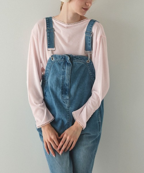 DONOBAN（ドノバン）の「【ピコレースがポイントの程よい透け感ロンTee】ピコレース シアー ロンTee トップス カットソー 透け感 レイヤード 重ね着 甘め フェミニン カジュアル インナー 伸縮性 ストレッチ 春 秋 冬 カットソー 長袖（Tシャツ/カットソー・レディース・ピンク/グレー/ホワイト/ブラック・ONE SIZE）」の5枚目の写真