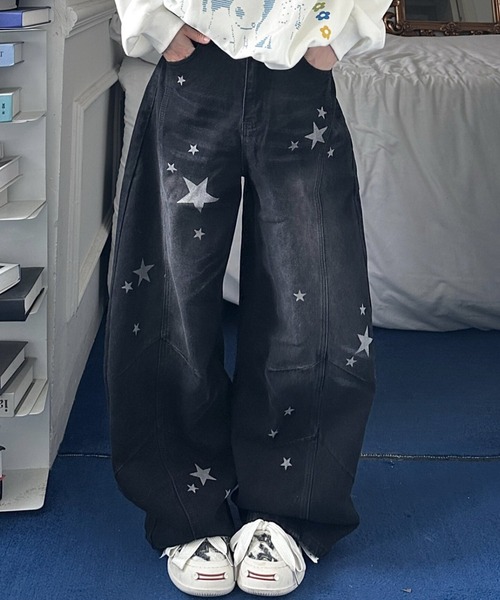 HAILY(ヘイリー)の「スターデザインワイドデニムパンツ(デニムパンツ・レディース・ブラック/ブルー・S/M/L)」の10枚目の写真