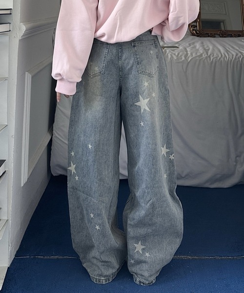 HAILY(ヘイリー)の「スターデザインワイドデニムパンツ(デニムパンツ・レディース・ブラック/ブルー・S/M/L)」の12枚目の写真