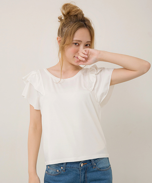 one after another NICE CLAUP（ワンアフターアナザーナイスクラップ）の「フリル袖Ｔシャツ（Tシャツ/カットソー・レディース・カーキ/その他/その他12/オフホワイト/グレー・FREE）」の2枚目の写真