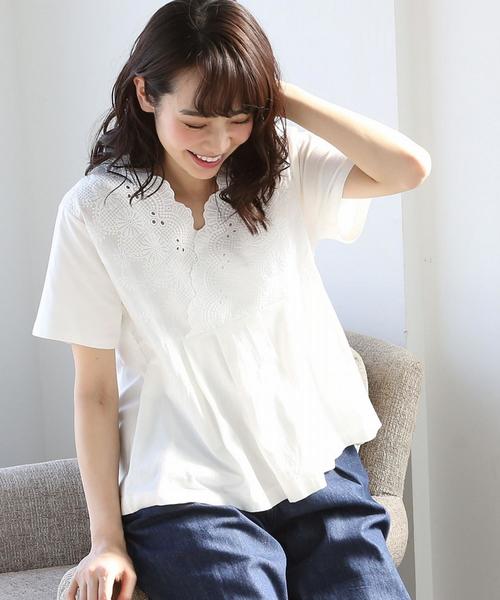 coen(コーエン)の「レースコンビカシュクールプルオーバー(Tシャツ/カットソー・レディース・ホワイト/ピンク/マスタード・FREE)」の2枚目の写真