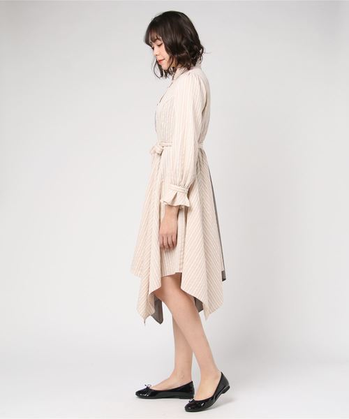 バイカラー ＊ 長袖ワンピース ＊ ベージュ セール】 バイカラートリミングワンピース （ロング・マキシ丈