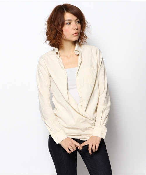 goa（ゴア）の「C/麻  ダンガリーカシュクールシャツ（シャツ/ブラウス・レディース・マスタード/ナチュラル/インディゴブルー/ホワイト・FREE）」の3枚目の写真