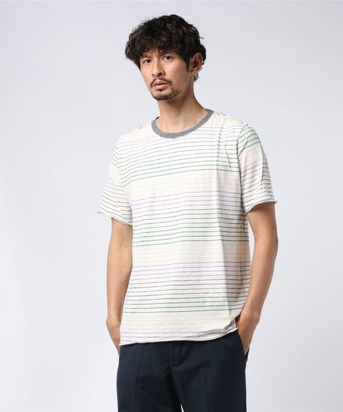 v::room(ヴィルーム)の「【V::ROOM】ブイルーム/ LONG LOOP BORDER - S/S CREW(Tシャツ/カットソー・メンズ・ライトグレー/ナチュラル・SMALL/MEDIUM/LARGE/X-LARGE)」の2枚目の写真