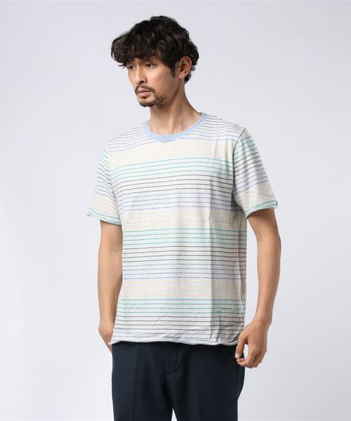 v::room(ヴィルーム)の「【V::ROOM】ブイルーム/ LONG LOOP BORDER - S/S CREW(Tシャツ/カットソー・メンズ・ライトグレー/ナチュラル・SMALL/MEDIUM/LARGE/X-LARGE)」の1枚目の写真