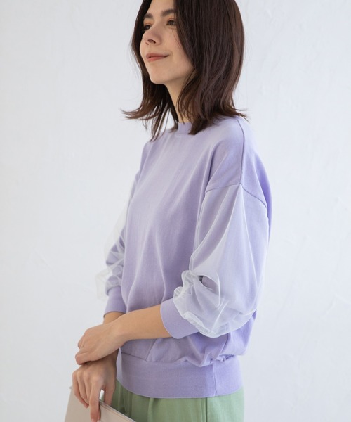 Munich（ミューニック）の「チュールパフスリーブニットプルオーバー（ニット/セーター・レディース・ベージュ/ラベンダー/ホワイト×ブラック・FREE）」の3枚目の写真