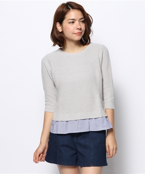 CIAOPANIC（チャオパニック）の「【Ciaopanic】裾ストライプ5分袖プルオーバー（ニット/セーター・レディース・オレンジ/オフホワイト/グレー・FREE）」の3枚目の写真