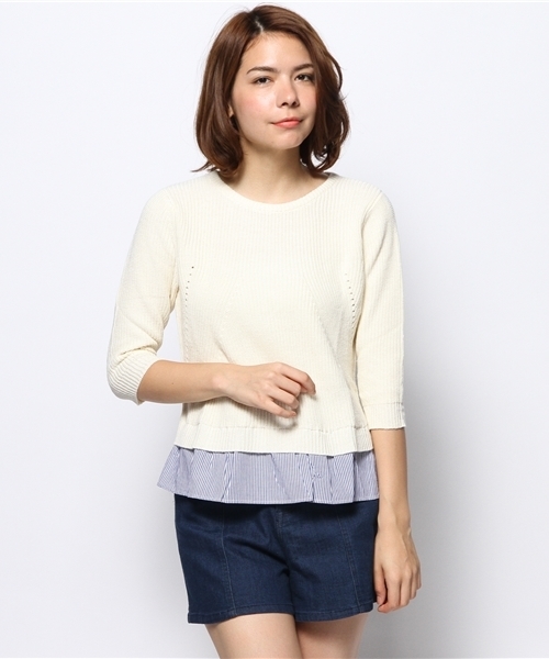 CIAOPANIC（チャオパニック）の「【Ciaopanic】裾ストライプ5分袖プルオーバー（ニット/セーター・レディース・オレンジ/オフホワイト/グレー・FREE）」の2枚目の写真