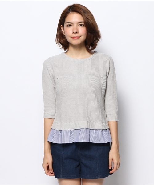 CIAOPANIC（チャオパニック）の「【Ciaopanic】裾ストライプ5分袖プルオーバー（ニット/セーター・レディース・オレンジ/オフホワイト/グレー・FREE）」の10枚目の写真