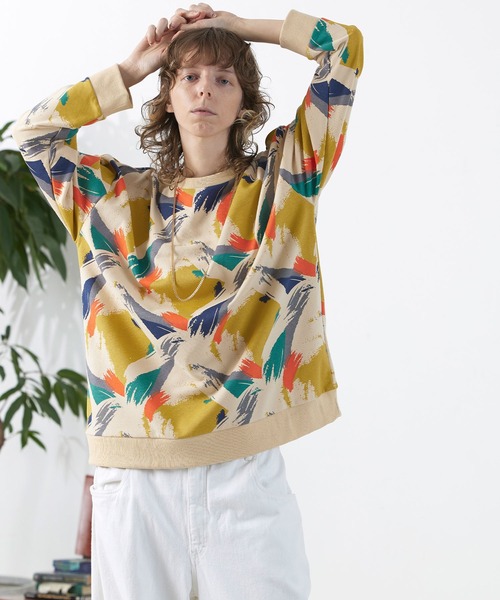 ENDER PRODUCTS（エンダープロダクツ）の「オーバーサイズ コットン裏毛 ミックスパターン柄 クルーネックプルオーバースウェット【ENDER PRODUCTS/エンダープロダクツ】（スウェット・メンズ・ベージュ/チャコールグレー・M/L）」の4枚目の写真