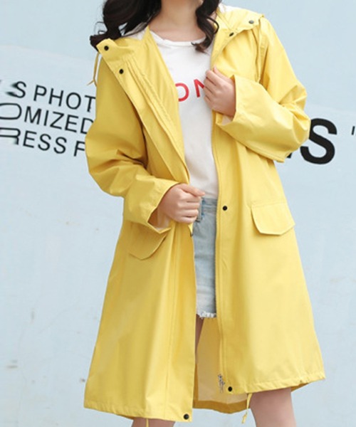 セール】撥水フードレインコート+収納袋 2点セット（レインコート