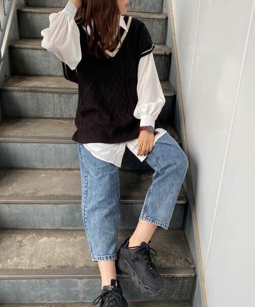 INGNI（イング）の「Vネックケーブルベスト＋シャツ SET（ニット/セーター・レディース・アイボリー系3/杢グレー/モカ/ブラック/ブラック×ホワイト・M）」の18枚目の写真