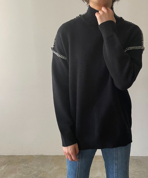 210nouve（トゥージュヌーブ）の「モックネックハンドステッチニットプルオーバー（ニット/セーター・レディース・ホワイト/ブラック/ブルー・FREE）」の3枚目の写真