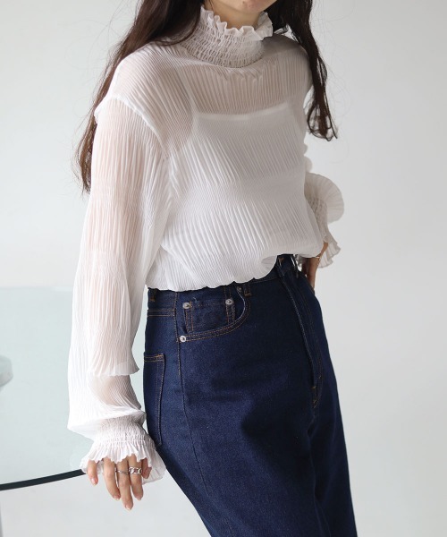 Bab（バブ）の「シワプリーツハイネックトップス（シャツ/ブラウス・レディース・ブラック/アイボリー/ベージュ・M）」の3枚目の写真