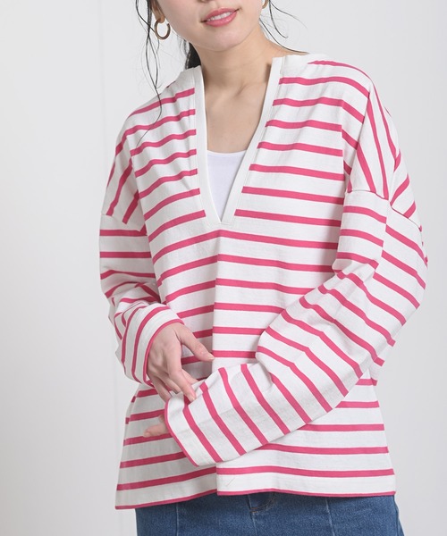 rps（アールピーエス）の「ラインボーダー深ＶネックＴｅｅ（Tシャツ/カットソー・レディース・ブラック/ピンク/グリーン/モカ・M）」の4枚目の写真