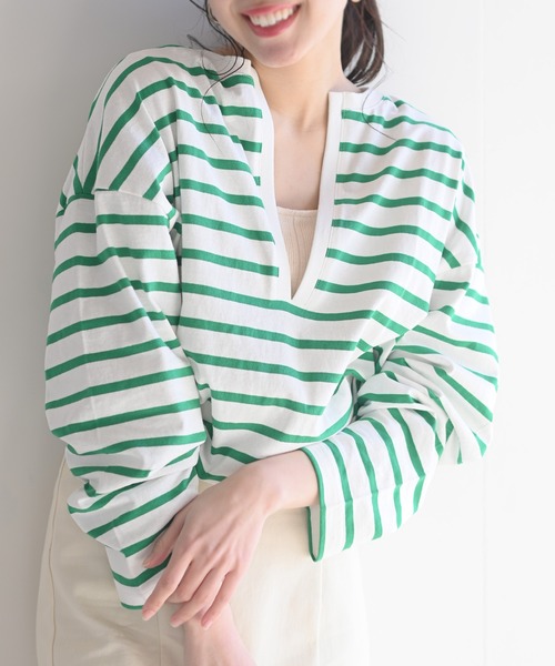 rps（アールピーエス）の「ラインボーダー深ＶネックＴｅｅ（Tシャツ/カットソー・レディース・ブラック/ピンク/グリーン/モカ・M）」の3枚目の写真