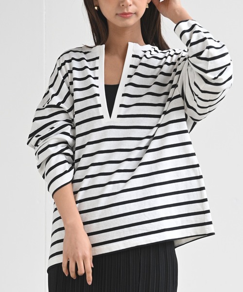 rps（アールピーエス）の「ラインボーダー深ＶネックＴｅｅ（Tシャツ/カットソー・レディース・ブラック/ピンク/グリーン/モカ・M）」の9枚目の写真