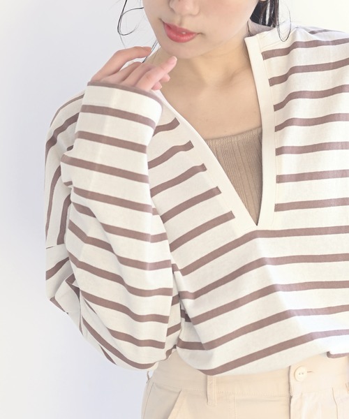 rps（アールピーエス）の「ラインボーダー深ＶネックＴｅｅ（Tシャツ/カットソー・レディース・ブラック/ピンク/グリーン/モカ・M）」の21枚目の写真