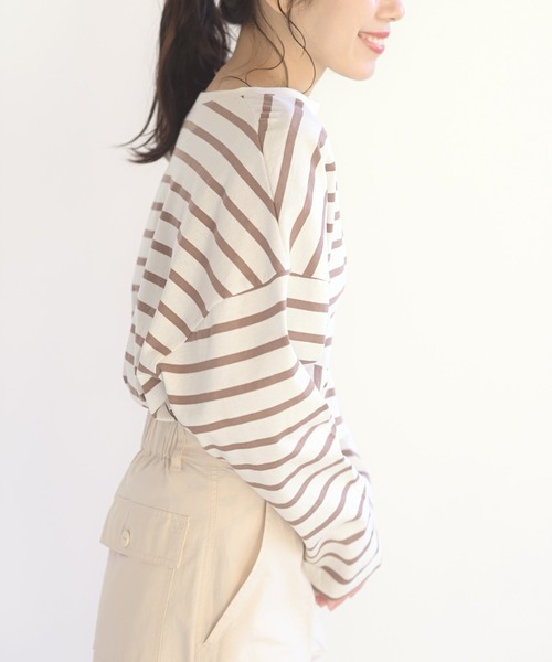 rps（アールピーエス）の「ラインボーダー深ＶネックＴｅｅ（Tシャツ/カットソー・レディース・ブラック/ピンク/グリーン/モカ・M）」の22枚目の写真