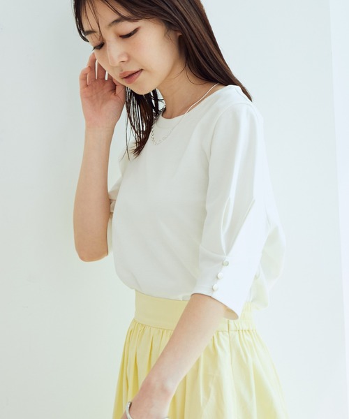 VIS（ビス）の「【EASY CARE】シルケットスムースタックボリュームスリーブTシャツ（Tシャツ/カットソー・レディース・ブラック/オフホワイト/レンガ/ライトグリーン・FREE）」の2枚目の写真