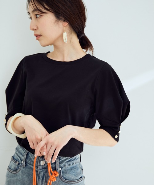VIS（ビス）の「【EASY CARE】シルケットスムースタックボリュームスリーブTシャツ（Tシャツ/カットソー・レディース・ブラック/オフホワイト/レンガ/ライトグリーン・FREE）」の3枚目の写真