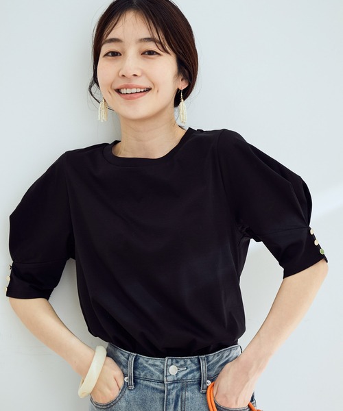 VIS（ビス）の「【EASY CARE】シルケットスムースタックボリュームスリーブTシャツ（Tシャツ/カットソー・レディース・ブラック/オフホワイト/レンガ/ライトグリーン・FREE）」の5枚目の写真