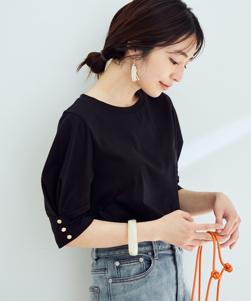 VIS（ビス）の「【EASY CARE】シルケットスムースタックボリュームスリーブTシャツ（Tシャツ/カットソー・レディース・ブラック/オフホワイト/レンガ/ライトグリーン・FREE）」の6枚目の写真