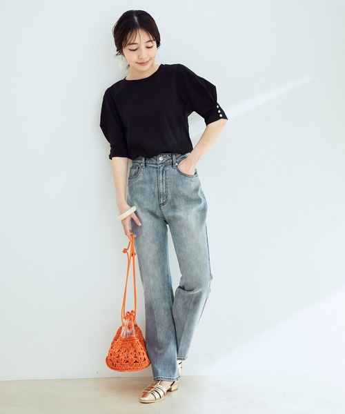 VIS（ビス）の「【EASY CARE】シルケットスムースタックボリュームスリーブTシャツ（Tシャツ/カットソー・レディース・ブラック/オフホワイト/レンガ/ライトグリーン・FREE）」の7枚目の写真