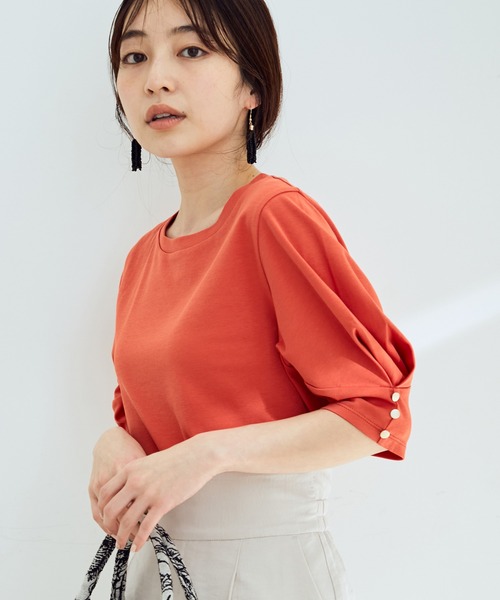 VIS（ビス）の「【EASY CARE】シルケットスムースタックボリュームスリーブTシャツ（Tシャツ/カットソー・レディース・ブラック/オフホワイト/レンガ/ライトグリーン・FREE）」の8枚目の写真