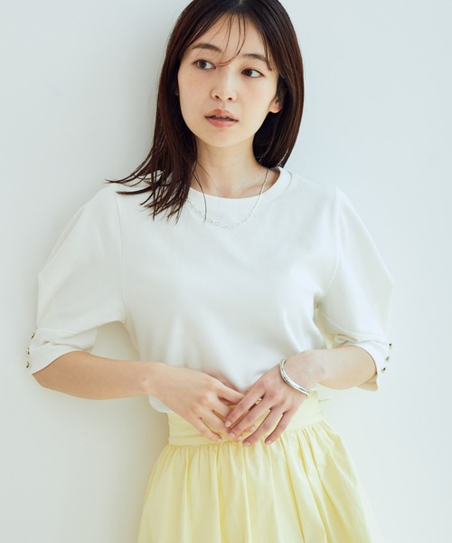 VIS（ビス）の「【EASY CARE】シルケットスムースタックボリュームスリーブTシャツ（Tシャツ/カットソー・レディース・ブラック/オフホワイト/レンガ/ライトグリーン・FREE）」の12枚目の写真