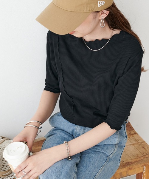 DISCOAT（ディスコート）の「【WEB限定】前後2WAYリブメロー5分袖プルオーバー（Tシャツ/カットソー・レディース・アイボリー/オフホワイト/ブラック/グリーン/ピンク・FREE）」の3枚目の写真