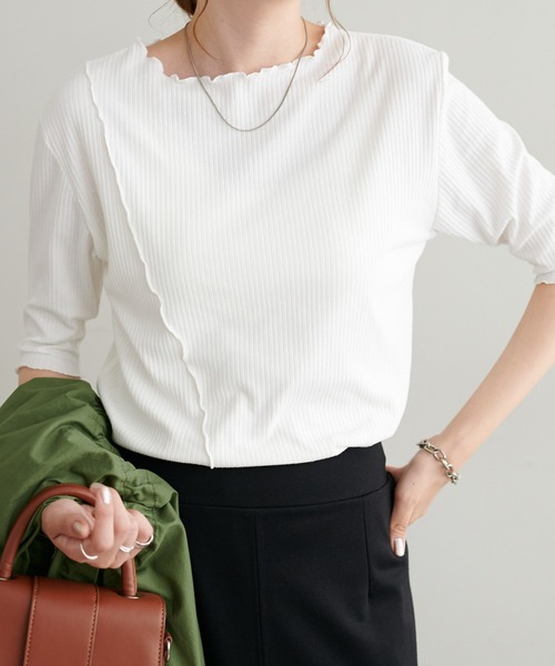 DISCOAT（ディスコート）の「【WEB限定】前後2WAYリブメロー5分袖プルオーバー（Tシャツ/カットソー・レディース・アイボリー/オフホワイト/ブラック/グリーン/ピンク・FREE）」の18枚目の写真