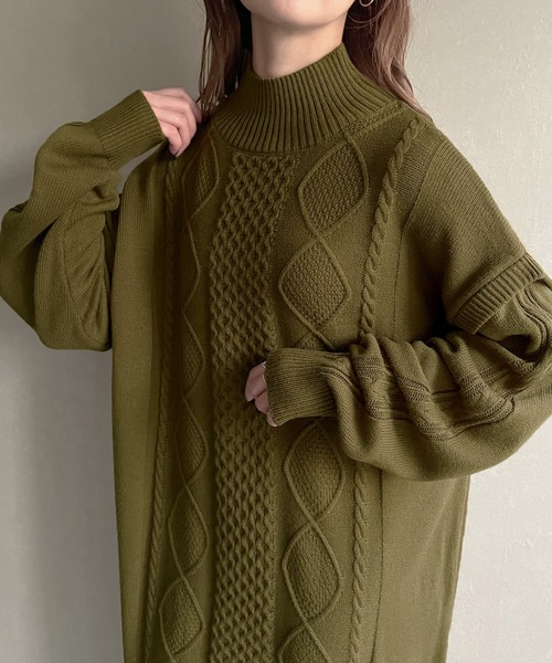 knit Jemade（ニットジェメイド）の「ハイネックケーブルニットワンピース（ワンピース・レディース・ライトブラウン/オフホワイト/カーキ・FREE）」の3枚目の写真