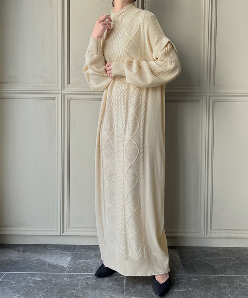 knit Jemade（ニットジェメイド）の「ハイネックケーブルニットワンピース（ワンピース・レディース・ライトブラウン/オフホワイト/カーキ・FREE）」の10枚目の写真
