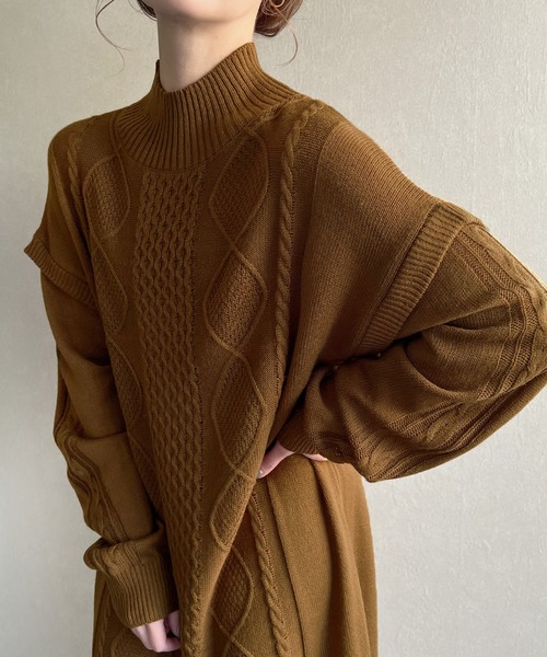 knit Jemade（ニットジェメイド）の「ハイネックケーブルニットワンピース（ワンピース・レディース・ライトブラウン/オフホワイト/カーキ・FREE）」の12枚目の写真