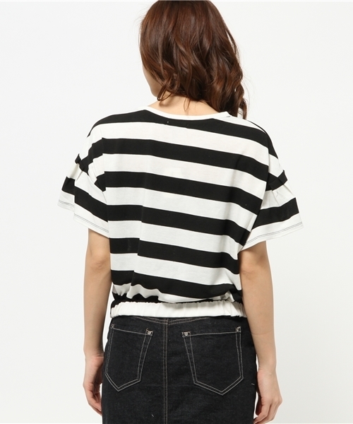 mystic（ミスティック）の「ボーダー袖フリルプルオーバー（Tシャツ/カットソー・レディース・ブラック/グレー/レッド・ﾌﾘ-）」の4枚目の写真