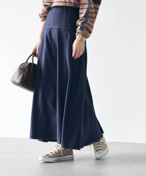 earth music&ecology（アースミュージックアンドエコロジー）の「配色ステッチスカート（スカート・レディース・ベージュ/ネイビー/バーガンディー・S/M）」の3枚目の写真