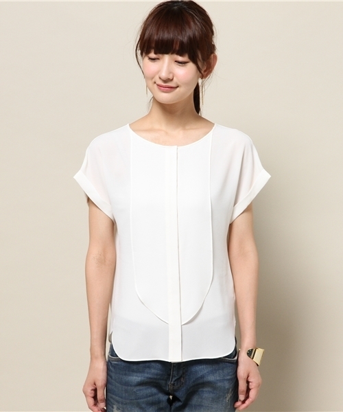 ELFORBR（エルフォーブル）の「ジョーゼット半袖ノーカラーブラウス（シャツ/ブラウス・レディース・ホワイト/ネイビー・38）」の10枚目の写真