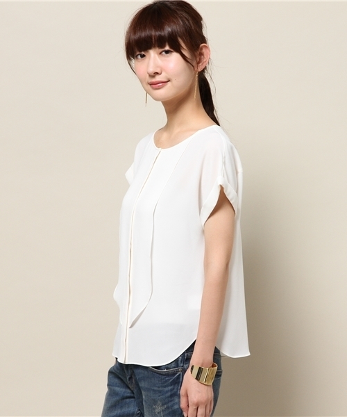 ELFORBR（エルフォーブル）の「ジョーゼット半袖ノーカラーブラウス（シャツ/ブラウス・レディース・ホワイト/ネイビー・38）」の11枚目の写真