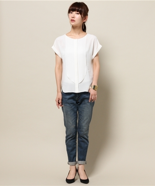 ELFORBR（エルフォーブル）の「ジョーゼット半袖ノーカラーブラウス（シャツ/ブラウス・レディース・ホワイト/ネイビー・38）」の5枚目の写真