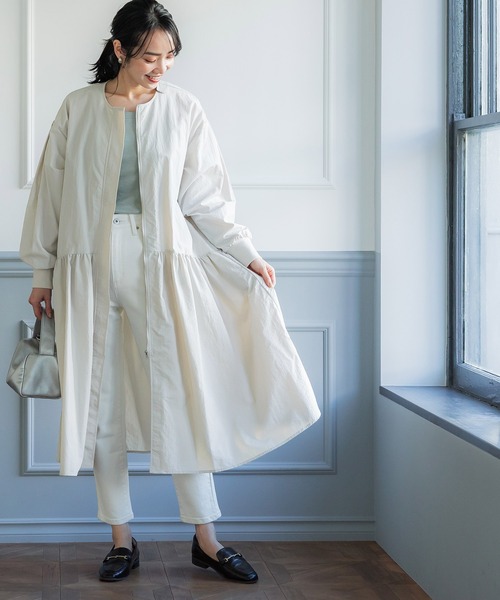 新品未使用タグ付きPLAIN PEOPLEノーカラーロングコートナイロンギャザー coca（coca）（コカ）の「ノーカラーナイロンギャザーコート（ノー