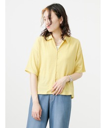 Samansa Mos2 blue | シャーリングカット開襟シャツ(Tシャツ/カットソー)