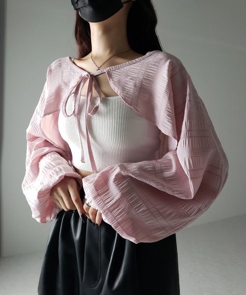 カーディガン シャーリングショート ボレロ レディース me+em select（ミームセレクト）の「【 7color 】フロント