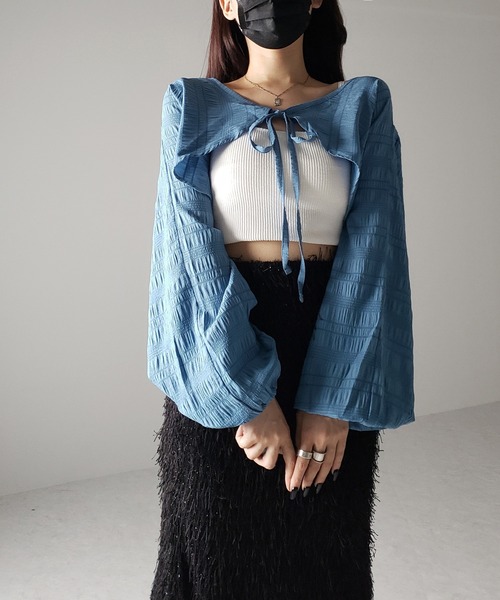 カーディガン シャーリングショート ボレロ レディース me+em select（ミームセレクト）の「【 7color 】フロント