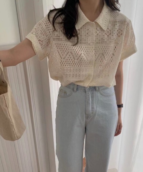 【23SS】Rene パール付き 半袖 ポロシャツ Sサイズ 白色 レース 23SS】Rene パール付き 半袖 ポロシャツ Sサイズ 白色 レース