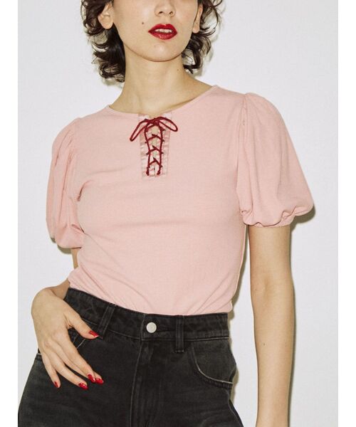 jouetie(ジュエティ)の「レースアップテレコトップス(Tシャツ/カットソー・レディース・ブラック/ブルー/オフホワイト/ピンク/イエロー・MEDIUM)」の5枚目の写真