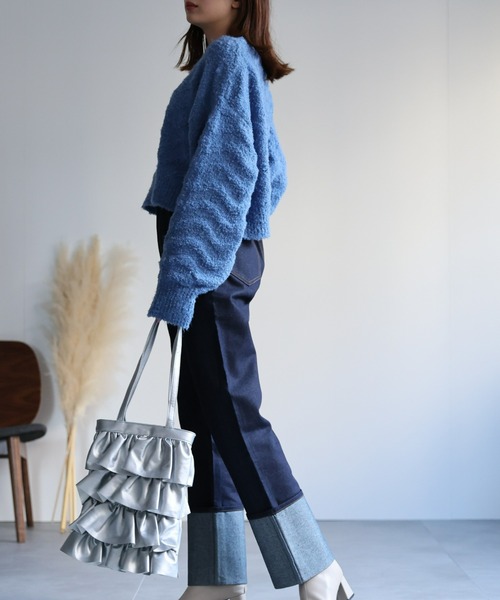 ルミニョン　ニット　ブルー セール】ループヤーン波柄クロップド丈 プルオーバー/ナミナミニット