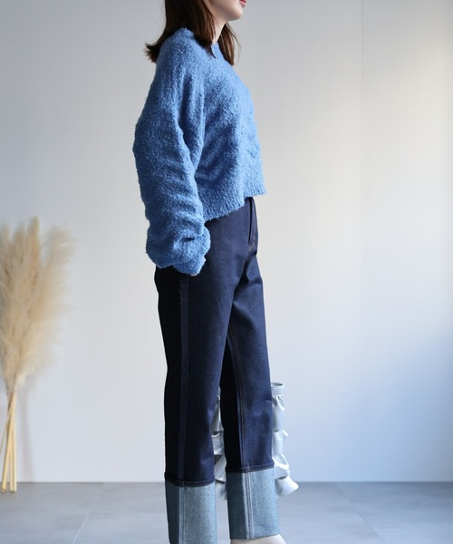 セール】ループヤーン波柄クロップド丈 プルオーバー/ナミナミニット