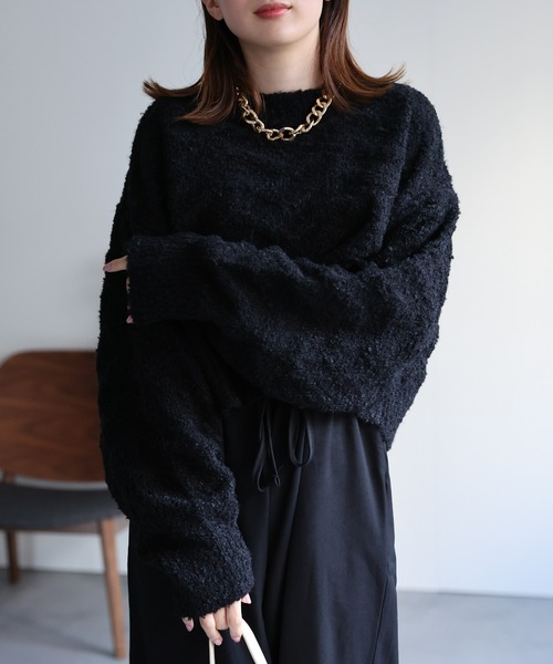 【24時間以内発送】amuamu 短丈 オーバーサイズ ニット プチプラ】短丈ニットプルオーバー(SS(130) オフホワイト(003